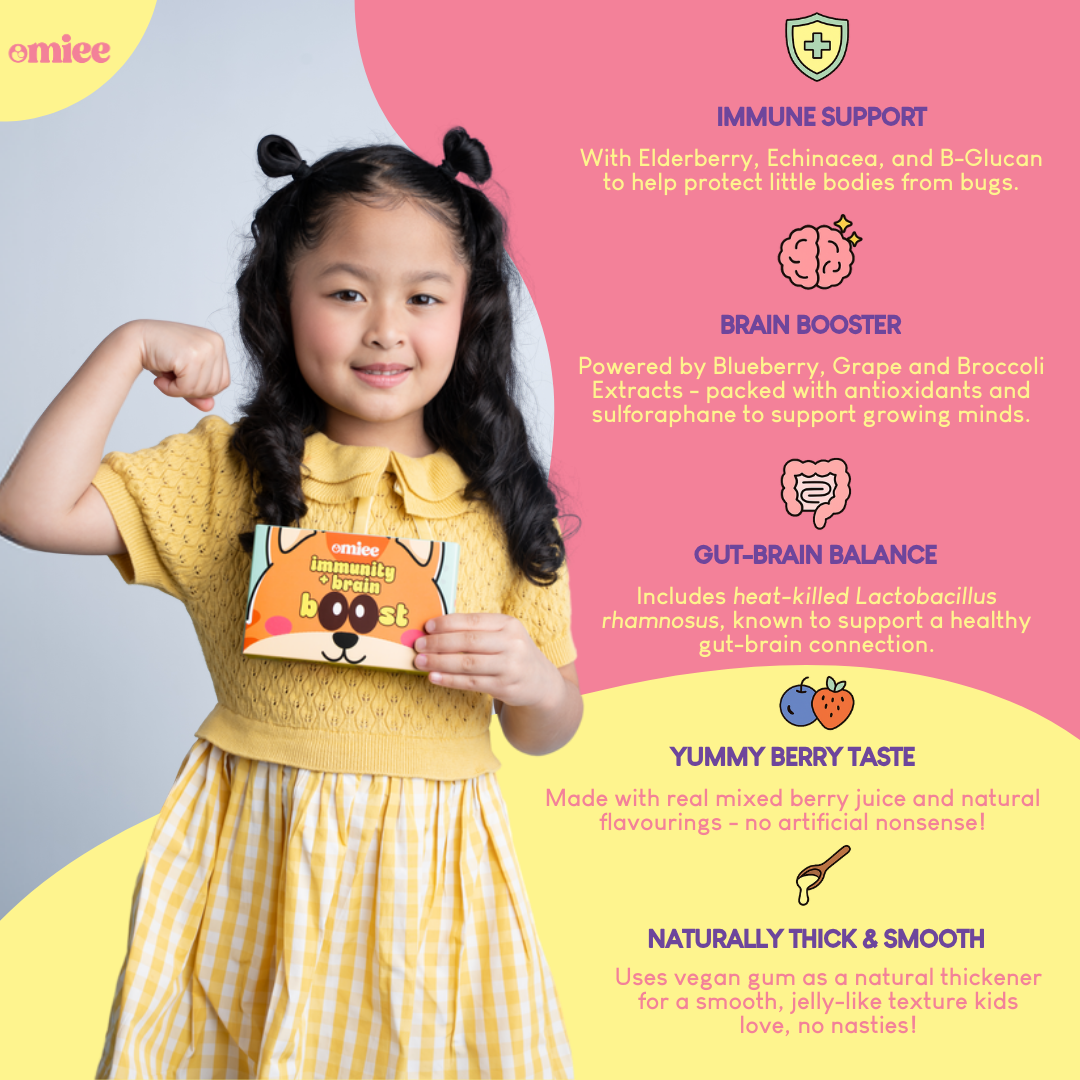 Omiee Immunity + Brain Booster Jelly Supplement [For Kids Ages 3-12] For Growth, Probiotics, Gut Health, Brain Focus